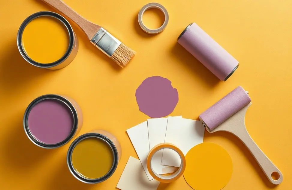 Pots de peinture, nuancier, brosses et rouleaux disposés à plat