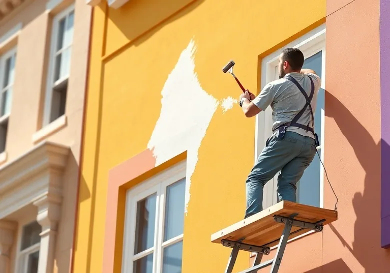 Peintre sur échafaudage traitant la façade d'une maison