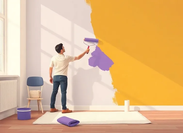 Peintre appliquant la peinture au rouleau sur un mur de salon